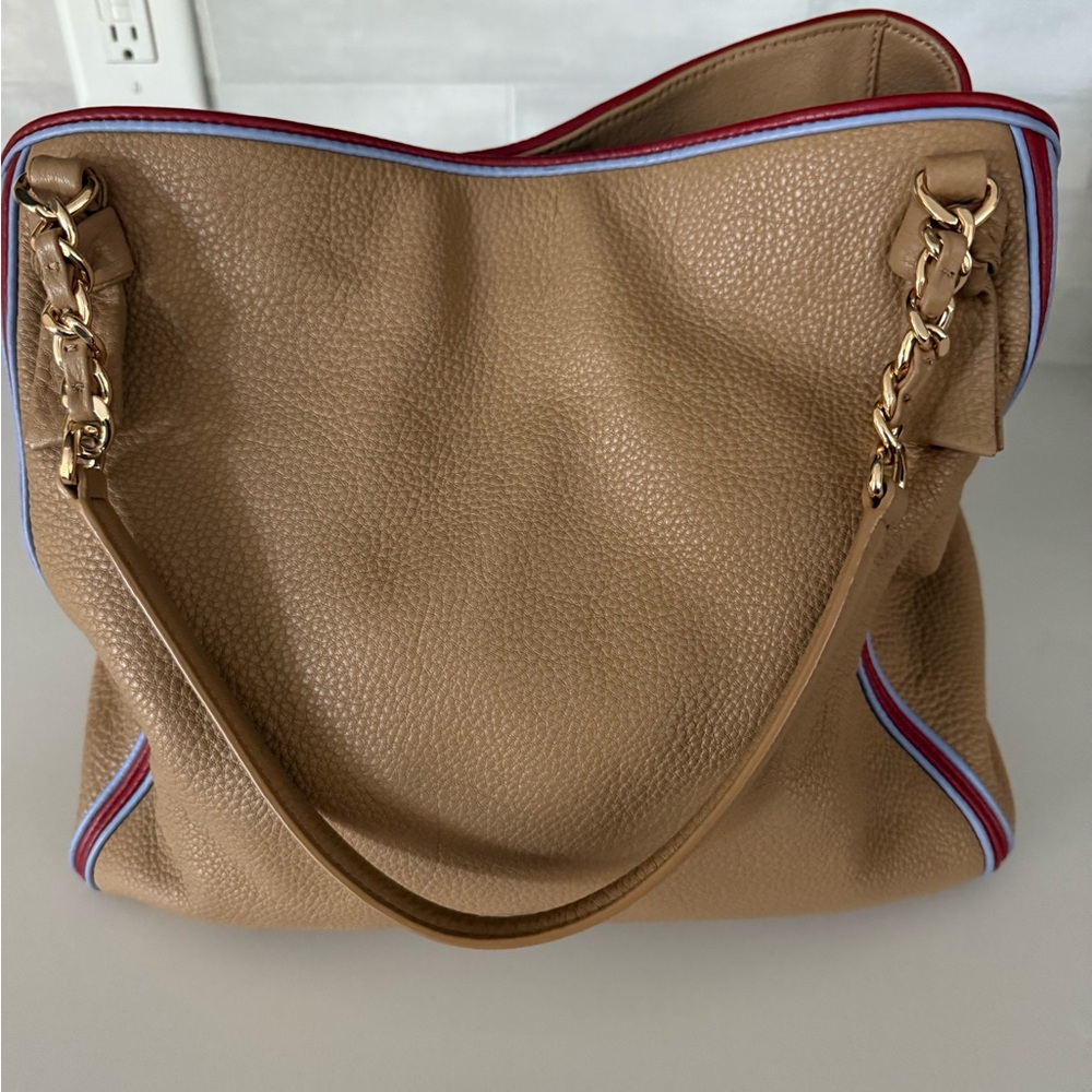 Tory Burch Tan Shoulder Bag with Red and Blue Trim - Picture 4 of 14
